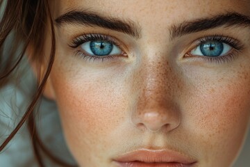 Fototapeta premium Close-up shot of a woman's face with freckles, suitable for beauty and lifestyle photography