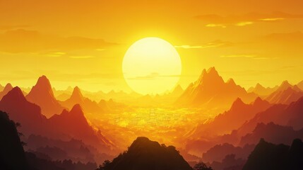 Golden Sunset Over Mountain Valley Village