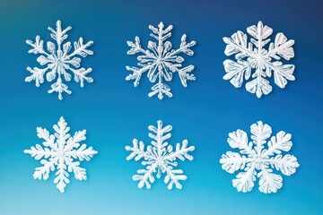 Unique snowflakes of various designs on a blue gradient background showcase winter beauty