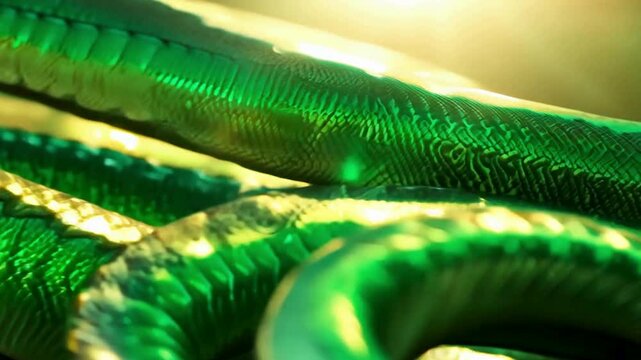 Close-up of a shiny green snake with textured scales