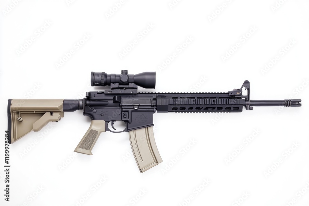 Poster a rifle with a scope mounted on a white background, suitable for use in various photography projects