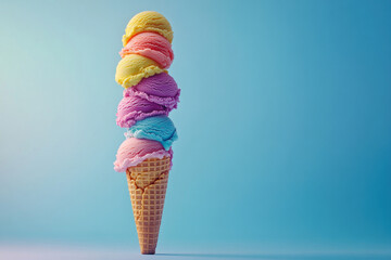 Colorful ice cream cone with three scoops on a sunny beach, melting slowly under the bright summer sun.