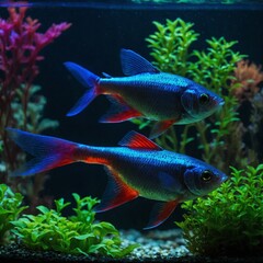 Fototapeta premium A neon tetra fish glowing in an aquarium with colorful aquatic plants.