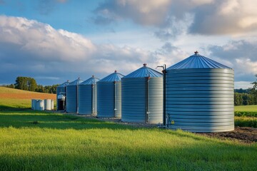 Tanks collecting rainwater lined up on a farm in a lush green landscape