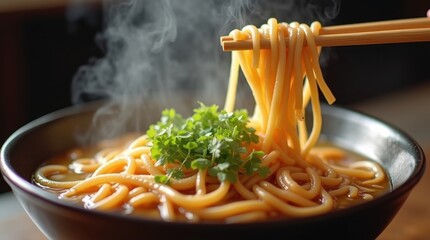Steaming hot bowl of noodles, freshly cooked and garnished with herbs. A perfect comfort food.