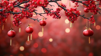 Red blossoms and lanterns on branches.