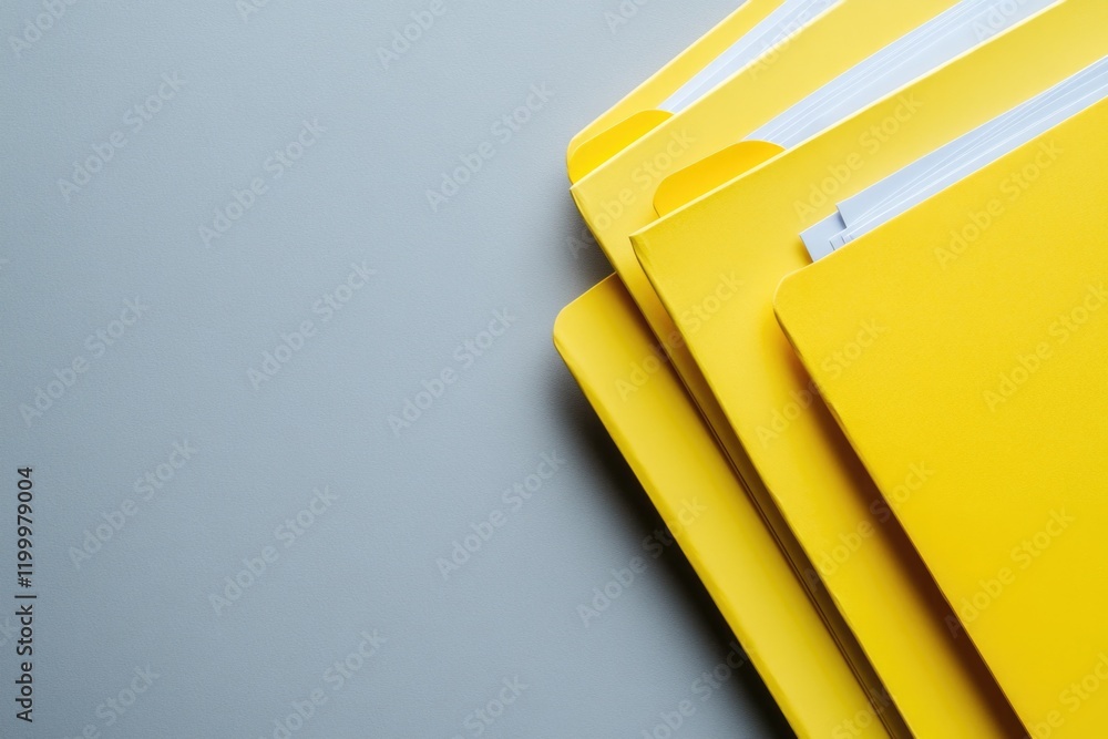 Poster stack of yellow folders on a table with an organized and tidy look, suitable for office or home use
