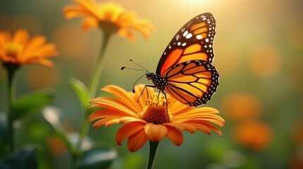 A monarch butterfly delicately rests on a vibrant orange flower, bathed in warm sunlight. The scene evokes a feeling of serenity and the beauty of nature.