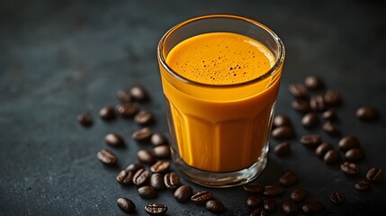 A creamy salted caramel milkshake, adorned with whipped cream, rests near scattered coffee beans, evoking warmth and indulgence.
