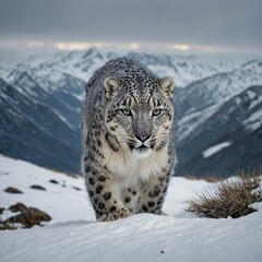 Fototapeta premium A snow leopard with a silvery coat prowling through a snowy mountain landscape.