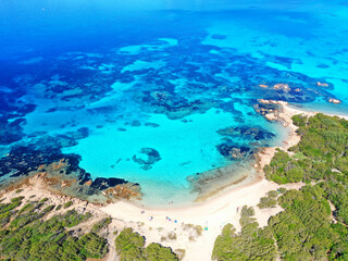 amazing beach spiaggia del Principe with pine trees and turquoise water, Sardinia, Italy 