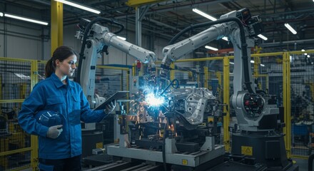 Engineer inspecting and controlling welding robotic arms in an automotive industrial factory


