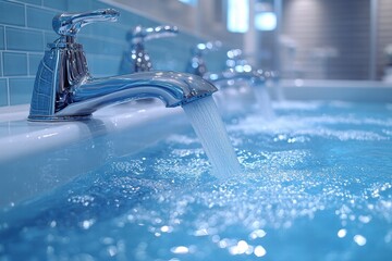 Water flows from a faucet in a modern bathroom setting