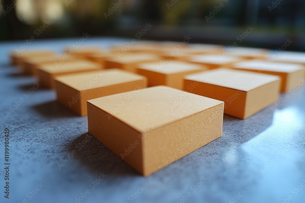 Poster a detailed view of multiple orange boxes stacked on a table, possibly for storage or display