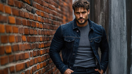 Obraz premium A man in a dark indigo denim jacket, gray sweater, and black jeans, standing confidently in an industrial urban alley