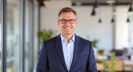 Fototapeta premium Confident businessman smiling in modern office