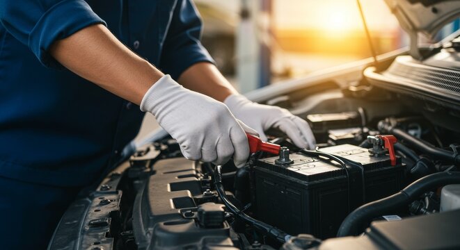 Mechanic working on car battery repair and electrical system maintenance in an auto repair shop

