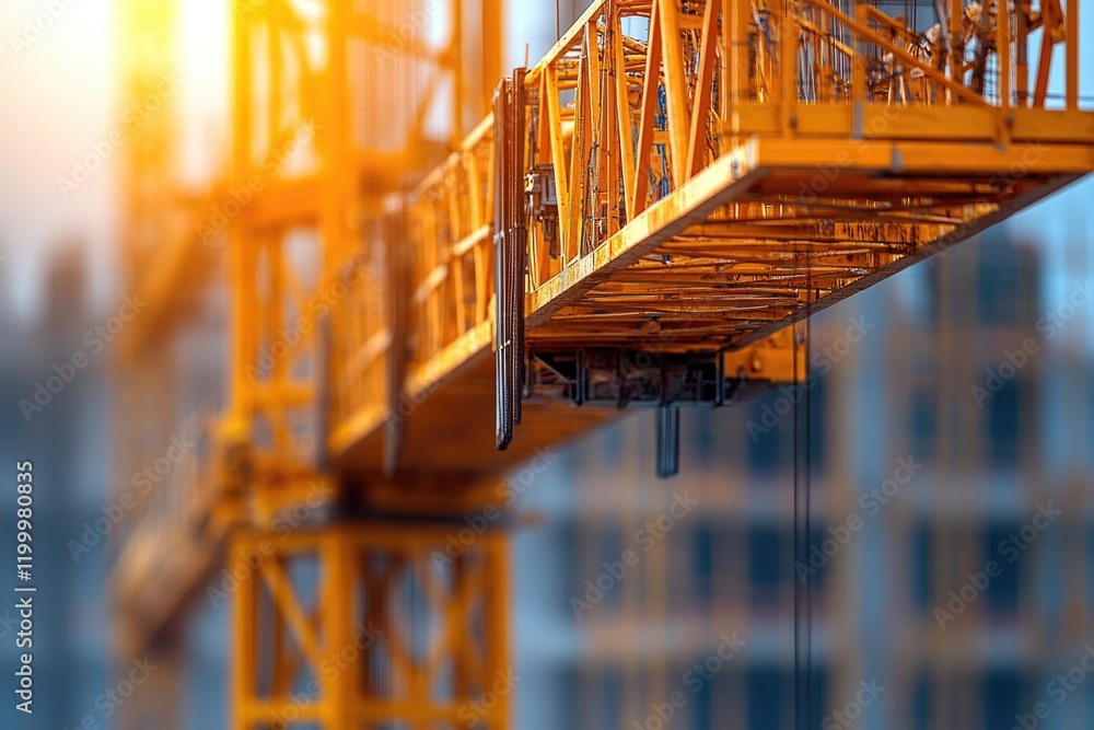 Poster a crane operating on a construction site with a building in the background