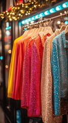 Obraz premium Vibrant Sequin Blouses Hanging in Boutique with Festive Holiday Lighting