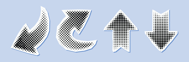 Bold arrow halftone icon trendy retro collage vector element design illustration set isolated in blue pastel background
