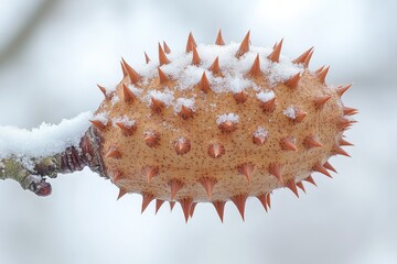 A close-up shot of a plant covered in snow, perfect for winter-themed designs and projects