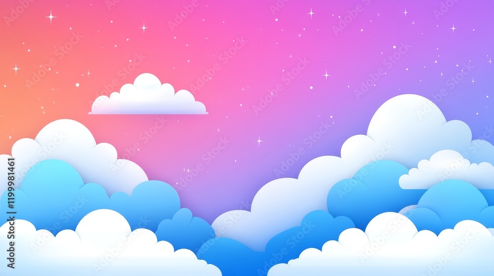 Poster a colorful gradient sky filled with fluffy clouds, creating a serene and dreamy atmosphere.