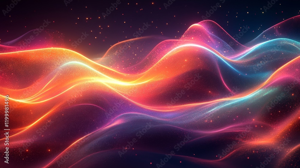 Poster a vibrant, abstract representation of flowing waves with colorful light trails, creating a dynamic a