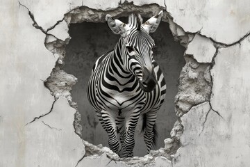 Zebra breaks through cracked wall in monochrome artistic display