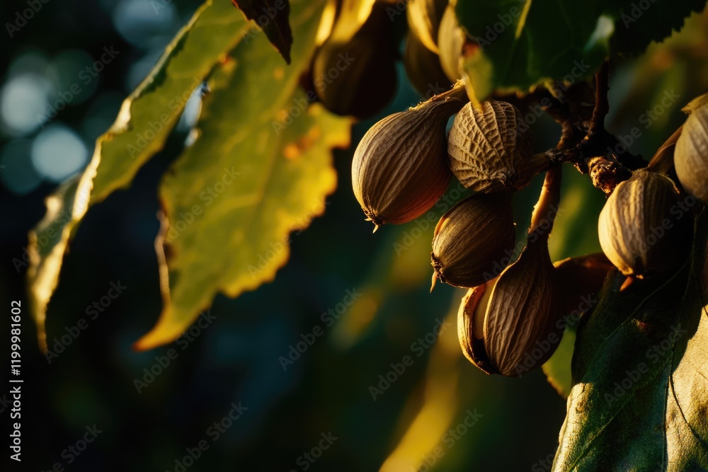 Poster a selection of nuts growing on a tree branch