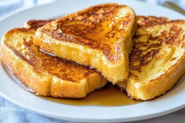 A delicious breakfast plate featuring French toast topped with sweet syrup, ideal for morning meals or brunch