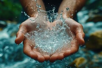 Fototapeta premium A person holding out their hands in the water, potentially seeking help or rescue