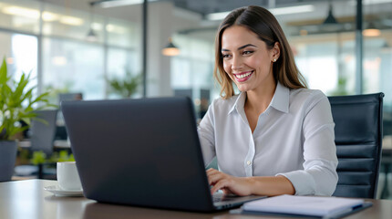Smiling young beautiful businesswoman working on laptop in modern office
