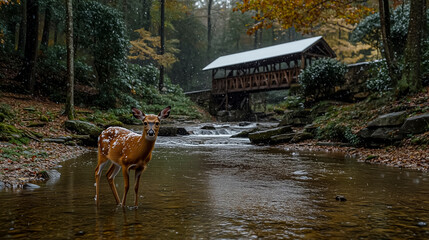 Deer stands in a calm stream near a wooden bridge surrounded by autumn foliage in a tranquil forest setting