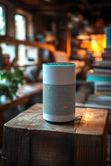  Smart speaker placed on wooden table in cozy rustic setting, surrounded by books, natural light, and warm tones creating comfortable ambiance. Modern technology meets homey decor.