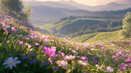 Scenic landscape with colorful flowers and rolling hills