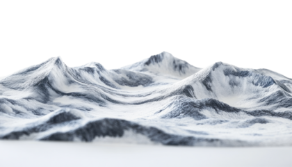 A digitally rendered image depicting a stylized snowy mountain range against a black background, showcasing a textured and abstract landscape.