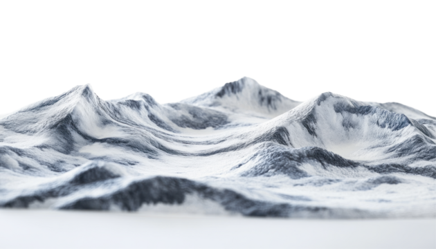 A digitally rendered image depicting a stylized snowy mountain range against a black background, showcasing a textured and abstract landscape.