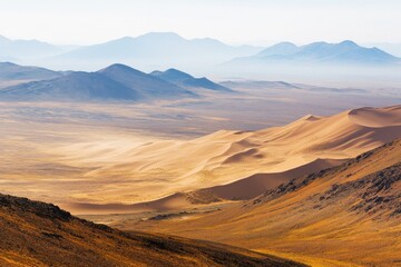 A breathtaking view of the desert from the top of a mountain, with sandy dunes and cacti stretching out to the horizon