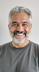Smiling mature man with graying hair and beard wearing gray shirt