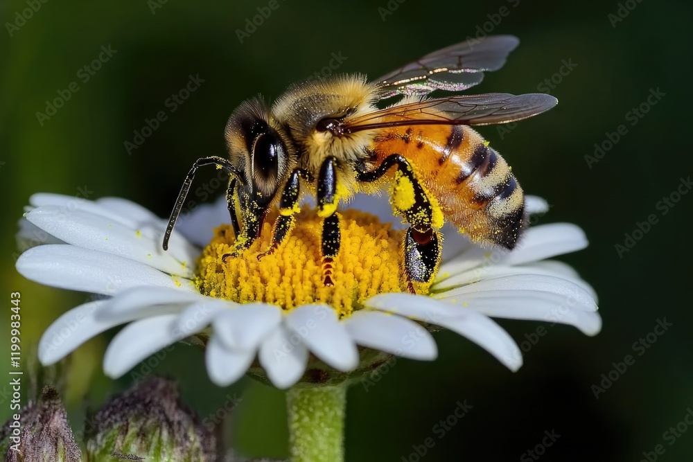 Poster A bee sits on a white flower against a green background