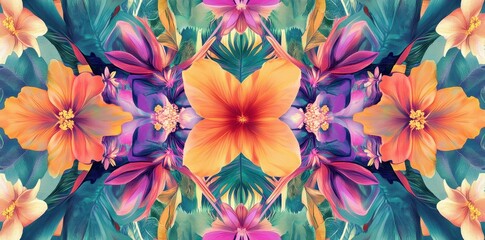 Vibrant Tropical Flowers and Lush Green Leaves Symmetrical Design