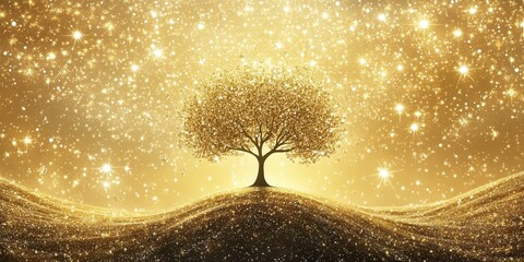 Golden Tree on Glittering Hill Under Starry Sky