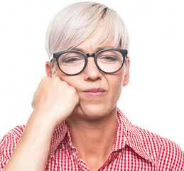 Portrait of bored woma, isolated on white background.
