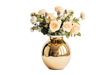 A bouquet of pale yellow and cream roses sits in a shiny gold round vase against a black background.