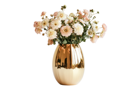 A bouquet of pale pink and cream flowers sits in a glossy gold egg-shaped vase against a black background.