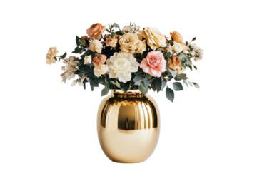 A luxurious bouquet of peach and cream roses and peonies sits in a shiny gold vase against a black background.