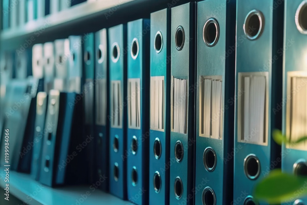 Poster a collection of blue binders stacked on a shelf, ideal for storing and organizing documents