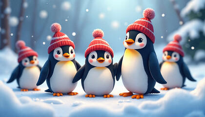 Fototapeta premium Colorful penguins wearing hats in winter landscape, festive cheer