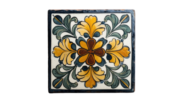 A square ceramic tile features an intricate handpainted floral design in yellow green and brown hues. - Powered by Adobe