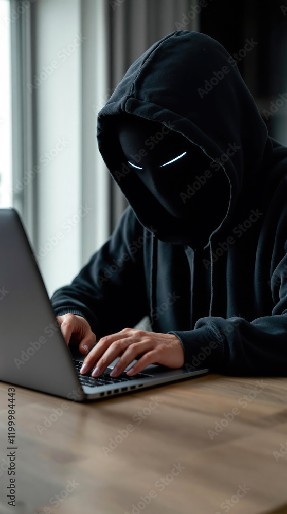 Poster Anonymous figure using laptop computer hidden by dark hoodie and mask
